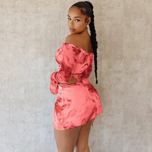 Load image into Gallery viewer, Hollow Out Print Sexy Mini Dress For Women Autumn New Off-shoulder Long Sleeve Bodycon Ruffled Slit Sexy Dress New
