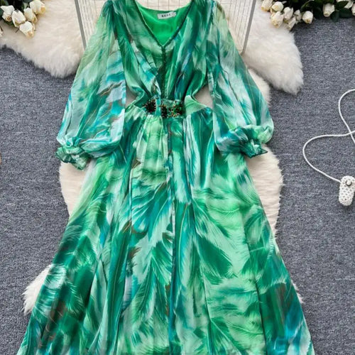 Load image into Gallery viewer, French Women Print Sequin Evening Party Dress Autumn V Neck Elegant Lantern Long Sleeved Temperament Pleated Dress Bohemian Chic
