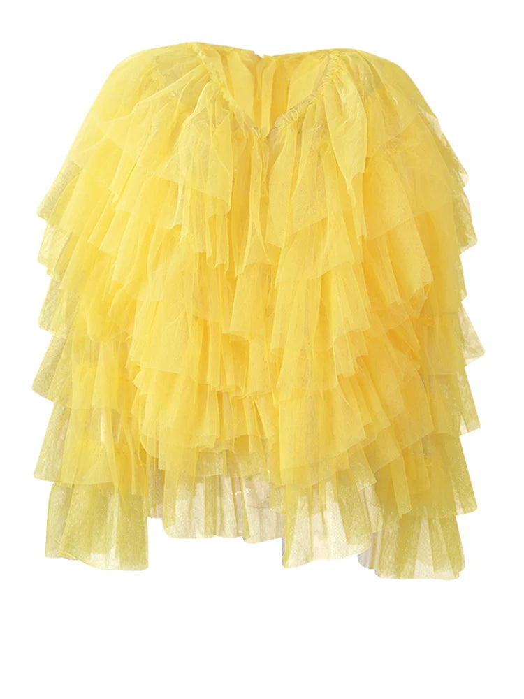 Women Yellow Mesh Layers Perspective Big Size Blouse New Round Neck Long Sleeve Shirt Fashion Tide Spring Autumn 2025