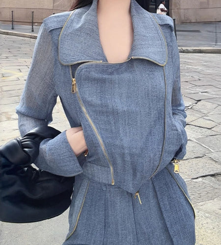 Slimming Sheer Two Piece Sets for Women Lapel Long Sleeves Spliced Zippers Top High Waist Pant Set Female Clothing