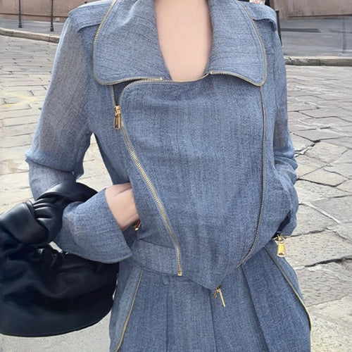 Load image into Gallery viewer, Slimming Sheer Two Piece Sets for Women Lapel Long Sleeves Spliced Zippers Top High Waist Pant Set Female Clothing
