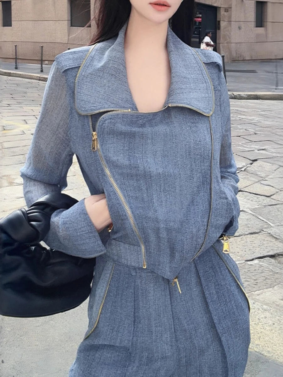 Slimming Sheer Two Piece Sets for Women Lapel Long Sleeves Spliced Zippers Top High Waist Pant Set Female Clothing