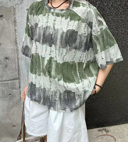 Women Green Striped Holes Zipper Big Size Casual T-shirt New Round Neck Half Sleeve Fashion Spring Summer 2025 1DJ1384