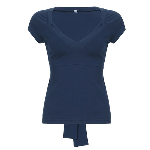 Load image into Gallery viewer, Casual Solid V-Neck Skinny Rear Strap T-shirts Women&#39;s Summer Short Sleevees All Match Basic Top Tees Fashion Clothes
