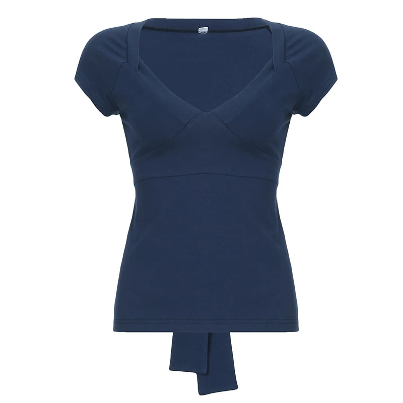 Casual Solid V-Neck Skinny Rear Strap T-shirts Women's Summer Short Sleevees All Match Basic Top Tees Fashion Clothes