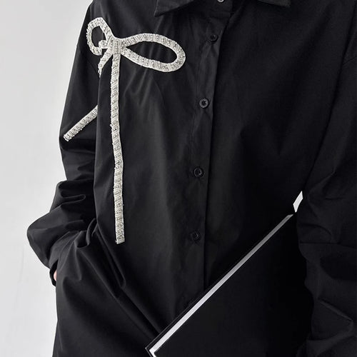 Load image into Gallery viewer, Solid Spliced Diamonds Loose Blouses For Women Lapel Long Sleeve Loose Casual Temperament Shirt Female Fashion New
