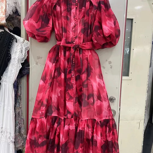 Load image into Gallery viewer, Hit Color Spliced Lace Up Loose Dresses For Womne O Neck Half Sleeve High Waist Long Dress Female Fashion Style New
