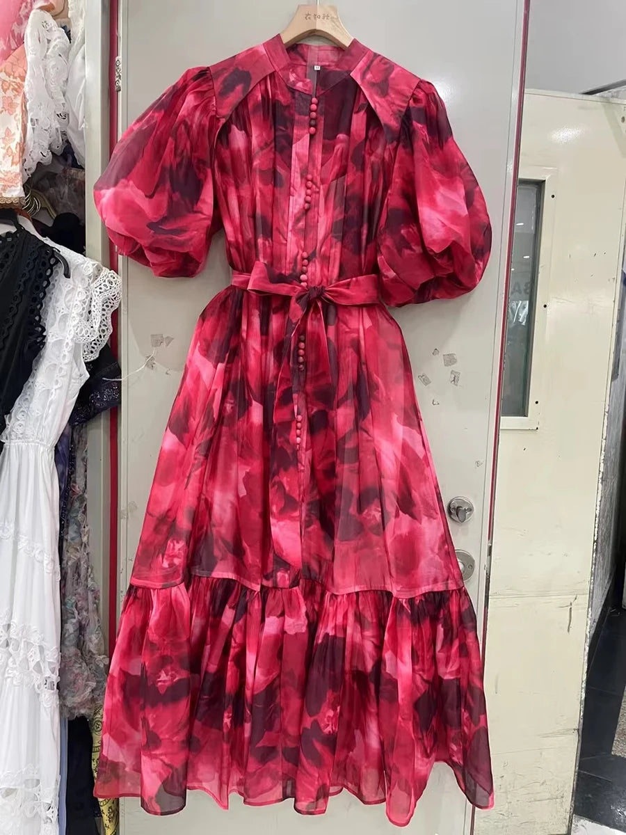 Hit Color Spliced Lace Up Loose Dresses For Womne O Neck Half Sleeve High Waist Long Dress Female Fashion Style New