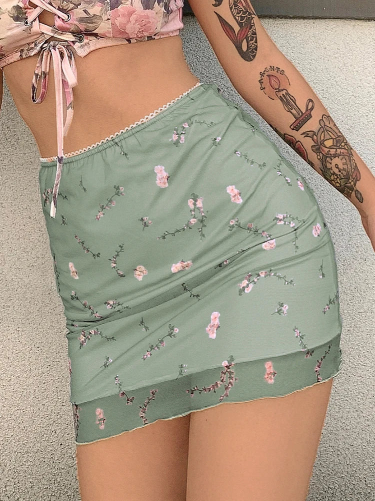 Embroidered mesh high clearance waisted mini skirt