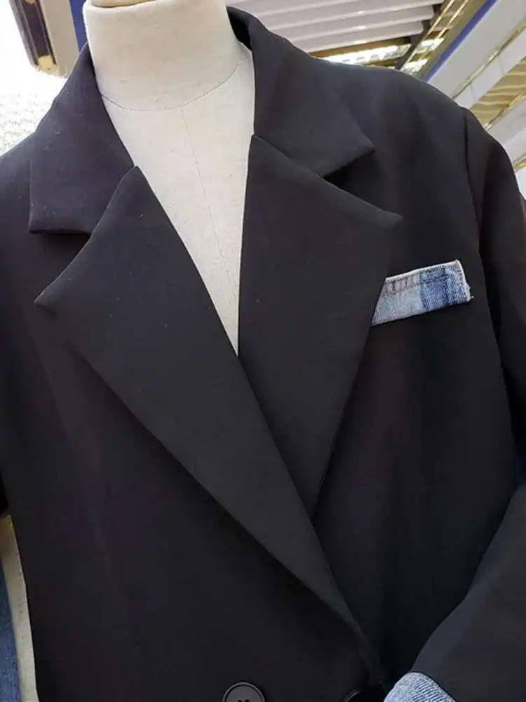 Women Blue Denim Color-block Big Size Blazer New Lapel Long Sleeve Loose Fit Jacket Fashion Spring Autumn 2025 1DH7741