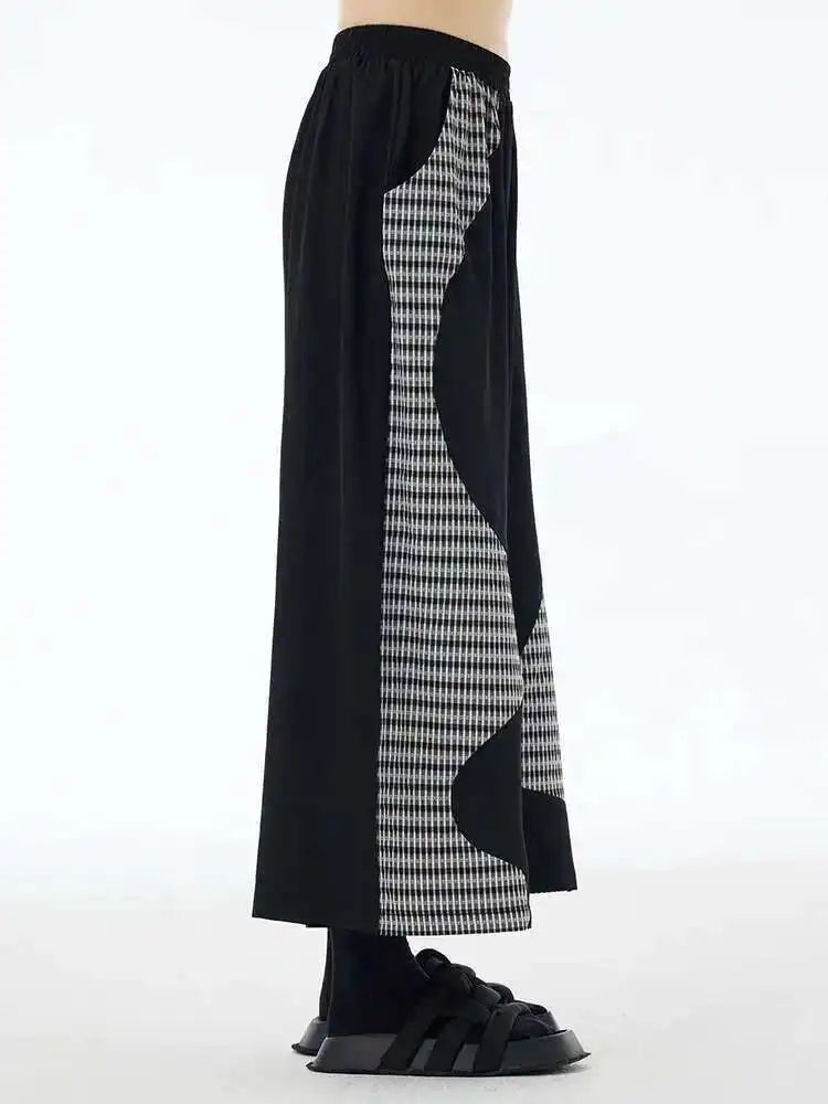 High Elastic Waist Black Plaid Color-block Long Wide Leg Pants New Trousers Women Fashion Tide Spring Autumn 2025 1DH6076