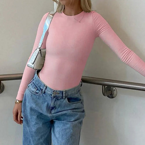 Load image into Gallery viewer, Casual Pink Skinny Long Sleeve Women Tee Shirts Solid Basic Elastic Spring Autumn Crop Tops All-Match Streetwear New
