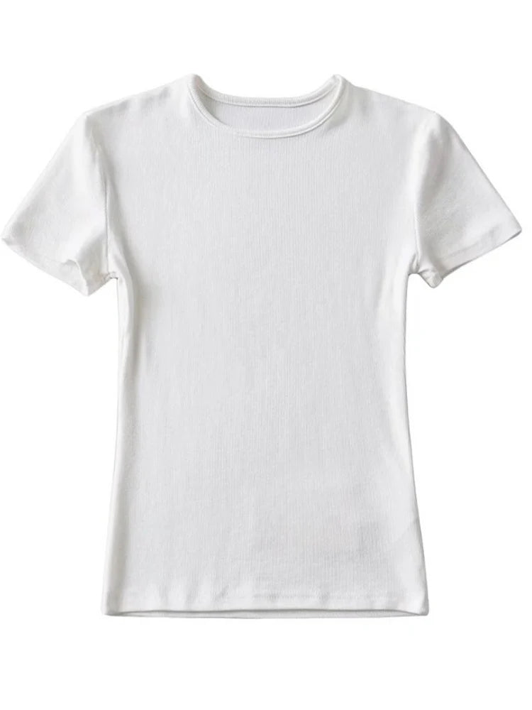 Casual Summer Woman Skinny Fit T-shirt Tight Short-Sleeve O-neck Tee Basic Solid Crop Tops T Shirt