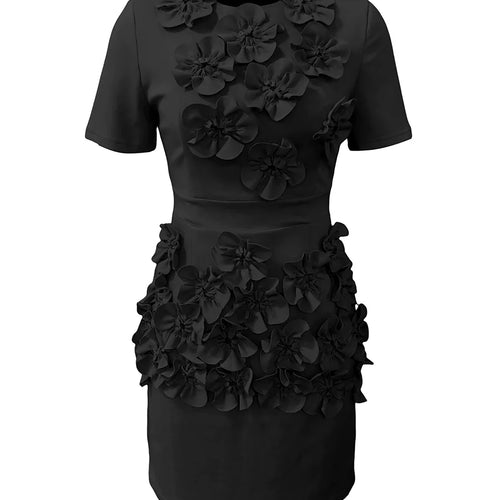 Load image into Gallery viewer, Solid Spliced Appliques Slimming Dresses For Women O Neck Short Sleeve High Waist Temperament Dress Female Fashion
