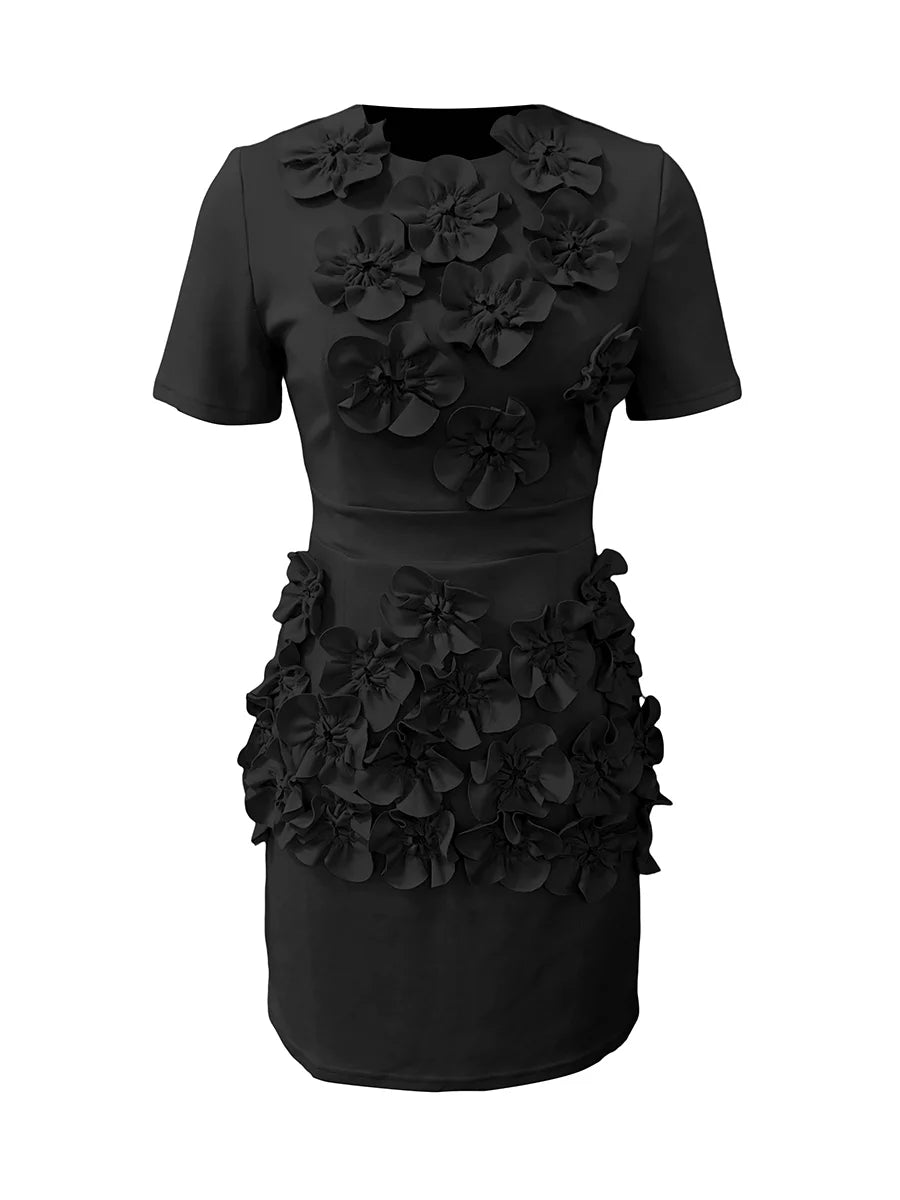 Solid Spliced Appliques Slimming Dresses For Women O Neck Short Sleeve High Waist Temperament Dress Female Fashion