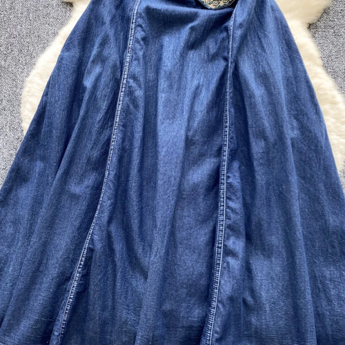 Load image into Gallery viewer, Vintage Chinese Style Summer Blue Embroidery Pleated Denim Long Dress Women Elegant Short Sleeve Princess Party Evening Dresses
