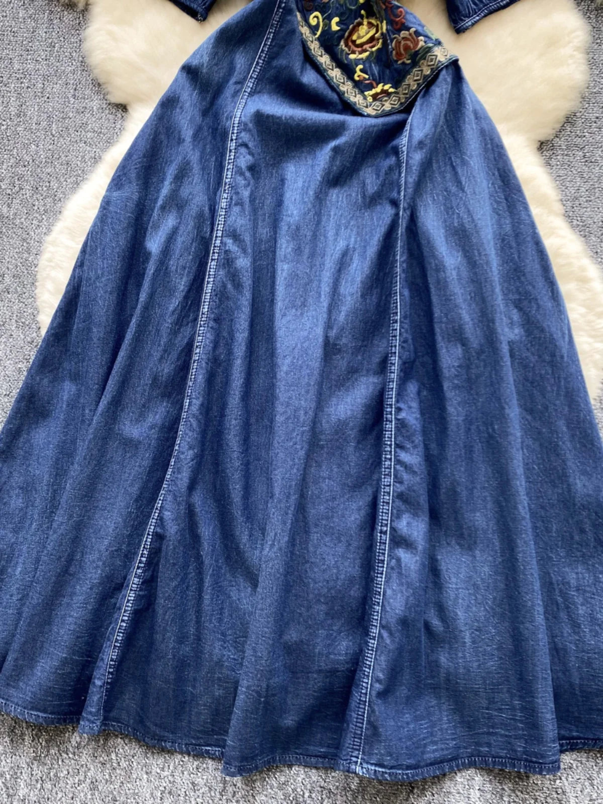 Vintage Chinese Style Summer Blue Embroidery Pleated Denim Long Dress Women Elegant Short Sleeve Princess Party Evening Dresses