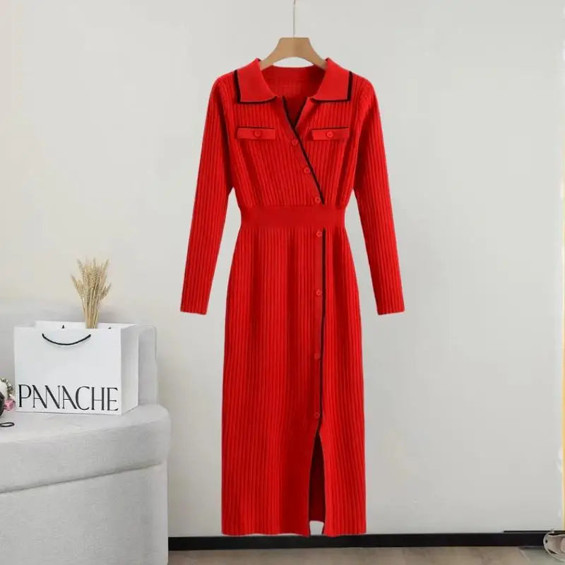 Korean Fashion 2024 Autumn Winter New Office Ladies Patchwork Elegant Long Sleeve Knitted Dress Women Slim Button Dresses Trendy