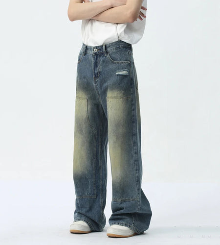 Make Old Men Jeans Trend Patchwork Pocket Zipper Casual Male Denim Pants New Fashion Wide Leg Trousers Summer 9C5420