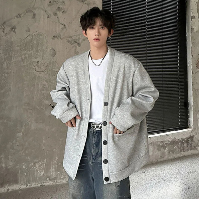 V-neck Men's Warm Top Single-breasted Pockets Solid Color Long Sleeve Korean Style Male Casual Jacket 2024 Autumn 9C9027