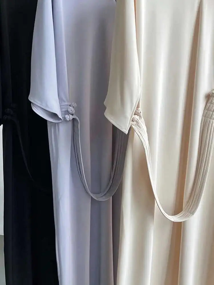 Women Black Buckle Long Elegant Dress New Round Neck Three-quarter Sleeve Loose Fit Fashion Spring Autumn 2025 1DE7880