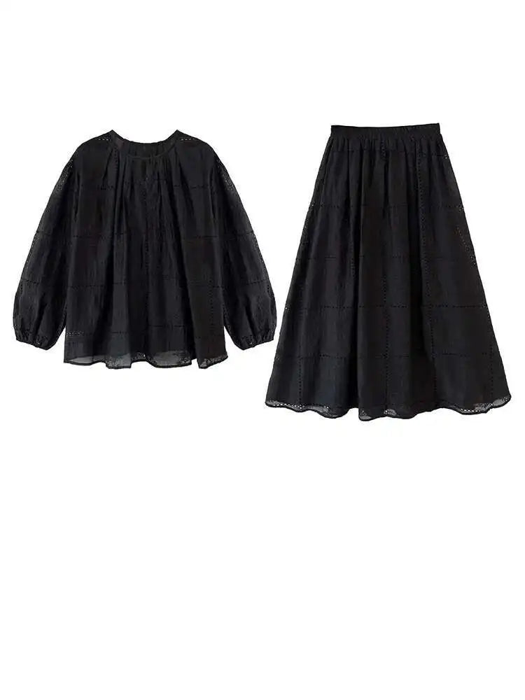 Lace Big Size Shirt Half-body Skirt Two Pieces Suit New Round Neck Long Sleeve Women Fashion Spring Autumn 2025 1DJ0062