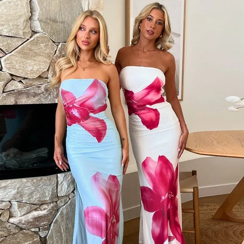 Load image into Gallery viewer, Off-shoulder Print Sexy Maxi Dress Women Gown Summer New Strapless Sleeveless Backless Bodycon Long Dress Elegant
