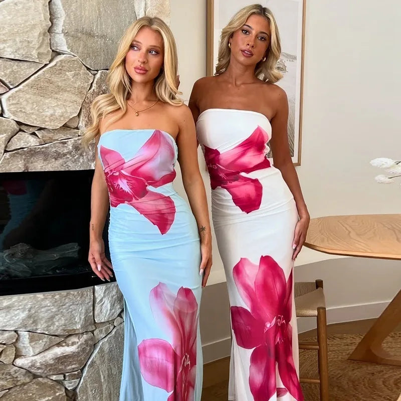 Off-shoulder Print Sexy Maxi Dress Women Gown Summer New Strapless Sleeveless Backless Bodycon Long Dress Elegant
