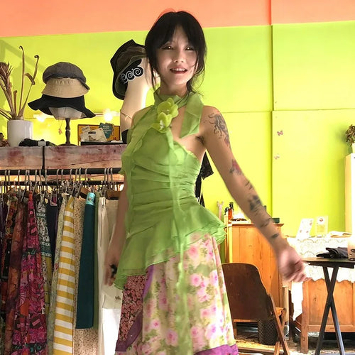 Japanese Y2k Halter Tops Cottagecore Aesthetics Chiffon Tank Top Vintage Harajuku Green Ruffled Sleeveless Tops 2000s