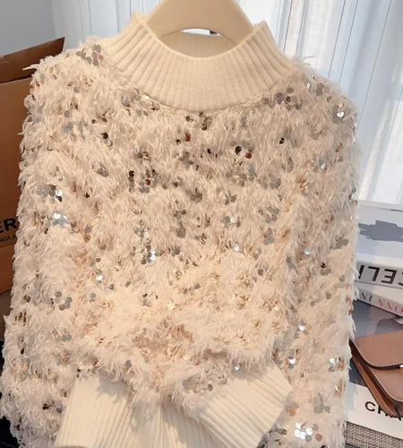 Autumn Winter Sweet Pink Sequins Elegant Round Neck Pullover Short Sweater Women's 2024 New Beige Long Sleeved Loose Knitted Top