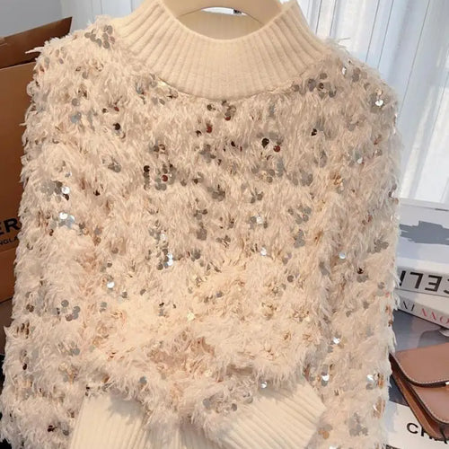 Load image into Gallery viewer, Autumn Winter Sweet Pink Sequins Elegant Round Neck Pullover Short Sweater Women's 2024 New Beige Long Sleeved Loose Knitted Top
