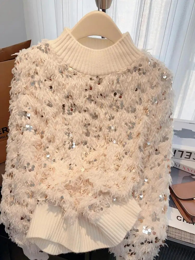 Autumn Winter Sweet Pink Sequins Elegant Round Neck Pullover Short Sweater Women's 2024 New Beige Long Sleeved Loose Knitted Top