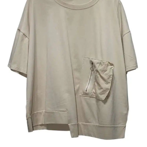 Load image into Gallery viewer, Women White Irregular Pocket Big Size Casual T-shirt New Round Neck Short Sleeve Fashion Tide Spring Summer 2025  1DJ0620
