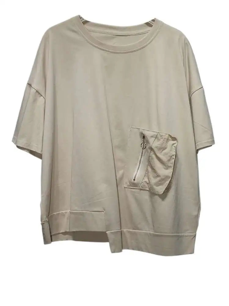 Women White Irregular Pocket Big Size Casual T-shirt New Round Neck Short Sleeve Fashion Tide Spring Summer 2025  1DJ0620