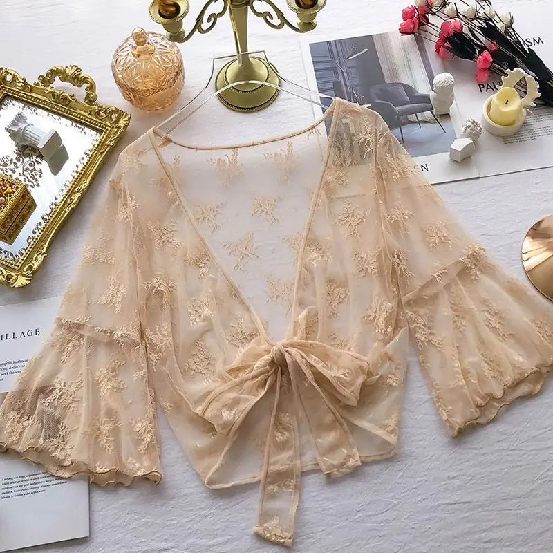 2023 Summer Jackets Lace Shawl Women's Clothing Short Lace-up Sun Protection Shawl Coat Cardigan Top Thin Femme Mujer