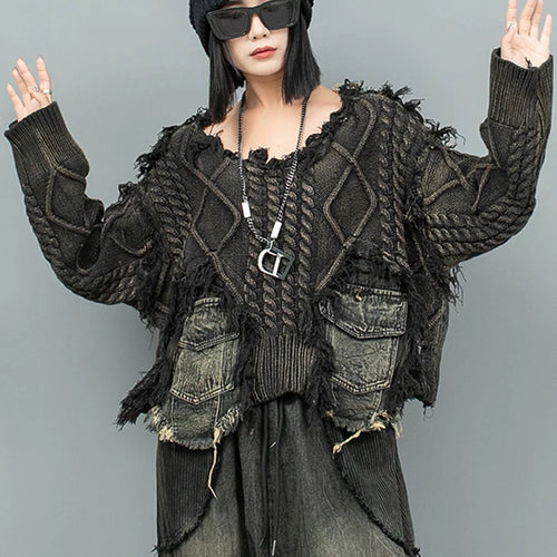 Load image into Gallery viewer, Black Denim Burr Big Size Knitting Sweater Round Neck Long Sleeve Women Pullovers New Fashion Spring Autumn 2025 1DH9546
