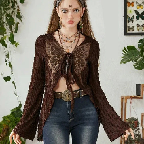 Load image into Gallery viewer, Y2k Fairy Grunge Butterfly Tie Up Long Sleeve Tops Textured Mesh Clothing Boho Style Ladies Shirts Cardigan P77-CG18
