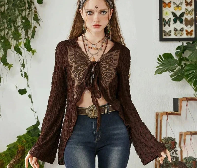 Y2k Fairy Grunge Butterfly Tie Up Long Sleeve Tops Textured Mesh Clothing Boho Style Ladies Shirts Cardigan P77-CG18