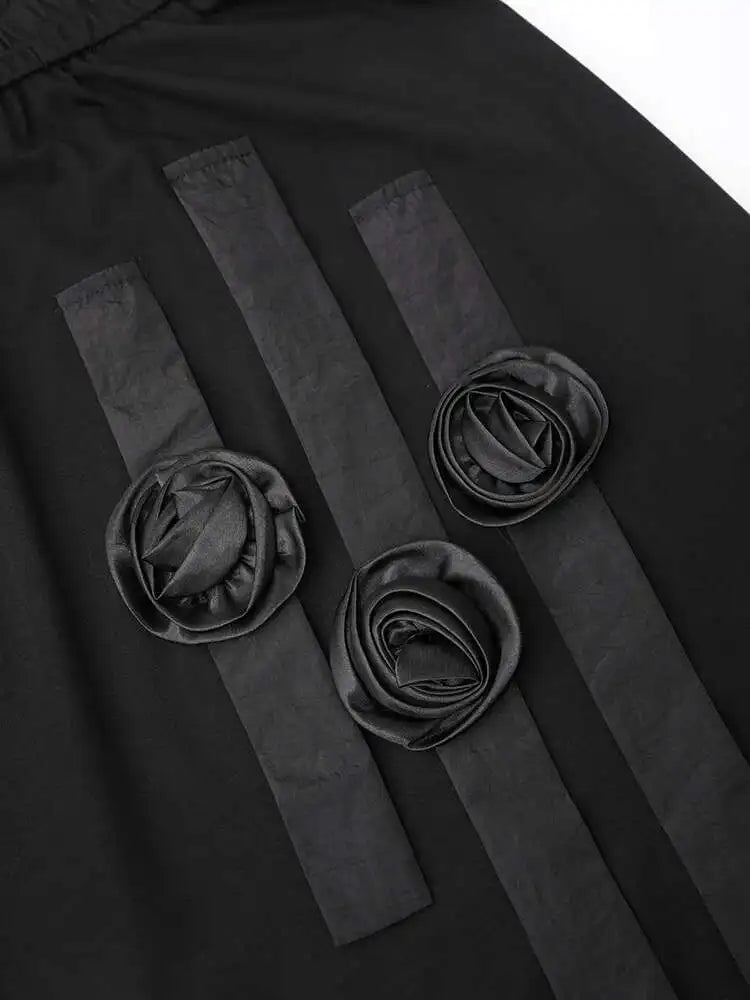 High Elastic Waist Black Flower Ribbon Pocket Midi Half-body Skirt Women Fashion Tide New Spring Autumn 2025 CPG1358