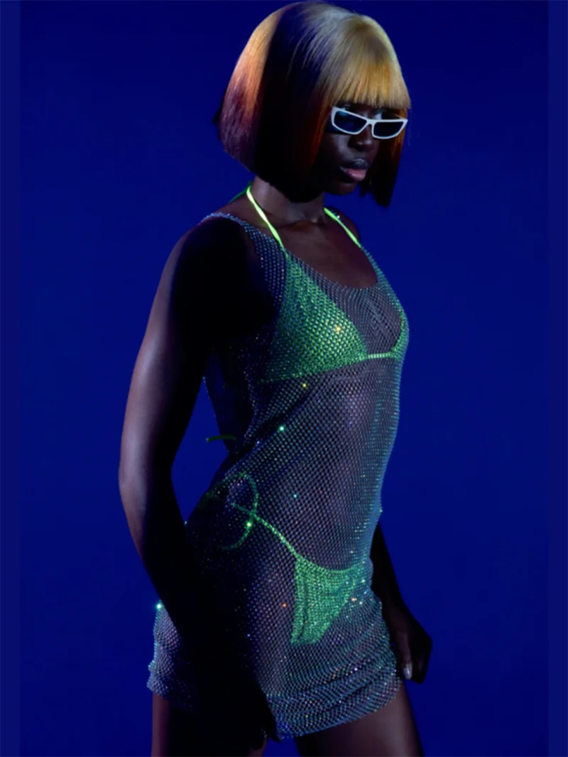 Glitter See Through Sexy Mini Dress For Women New Spaghetti Strap Sleeveless Transparent Shiny Diamond Short Dress