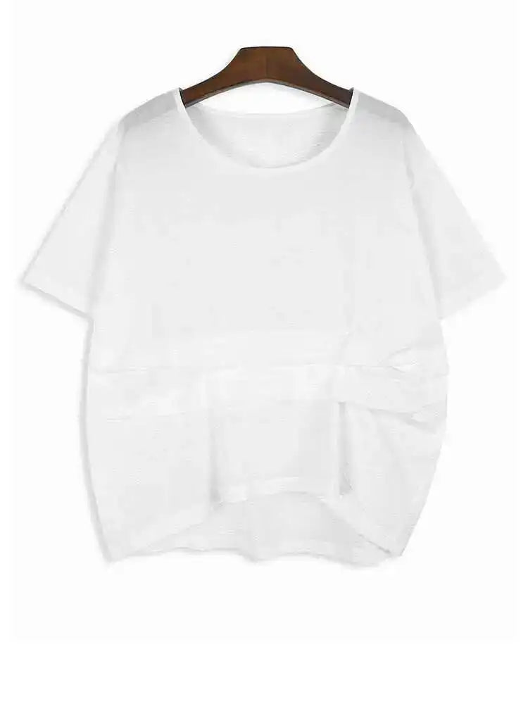 Women Yellow Irregular Pleated Big Size Casual T-shirt New Round Neck Short Sleeve Fashion Tide Spring Summer 2025 1DH5679