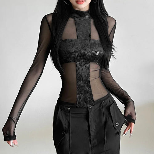 Load image into Gallery viewer, Y2k Aesthetic Cross Patchwork Gauze Shirts Streetwear Sexy Gothic Crop Tees Femme Harajuku Grunge See Through Women's T-shirt
