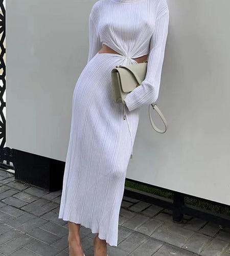 Knitted Slim Lace Up Solid Dress Female Stand Collar Long Sleeve Rise Waist Cut Out Fashion Dresses For Women Spring Clothes