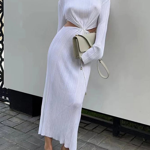 Load image into Gallery viewer, Knitted Slim Lace Up Solid Dress Female Stand Collar Long Sleeve Rise Waist Cut Out Fashion Dresses For Women Spring Clothes
