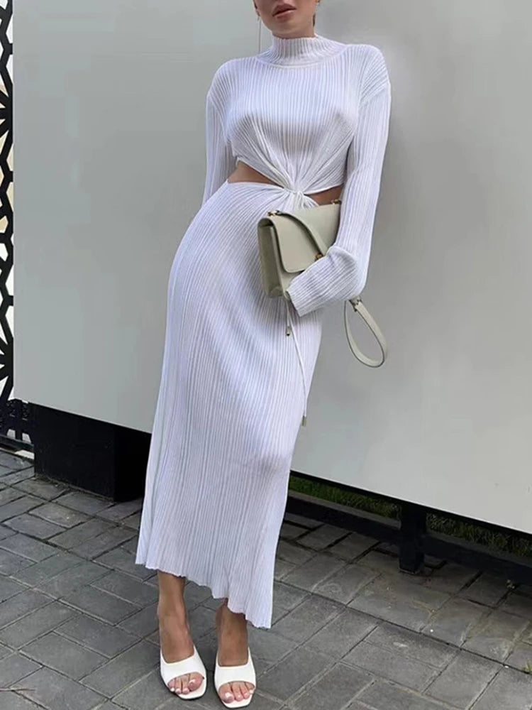 Knitted Slim Lace Up Solid Dress Female Stand Collar Long Sleeve Rise Waist Cut Out Fashion Dresses For Women Spring Clothes