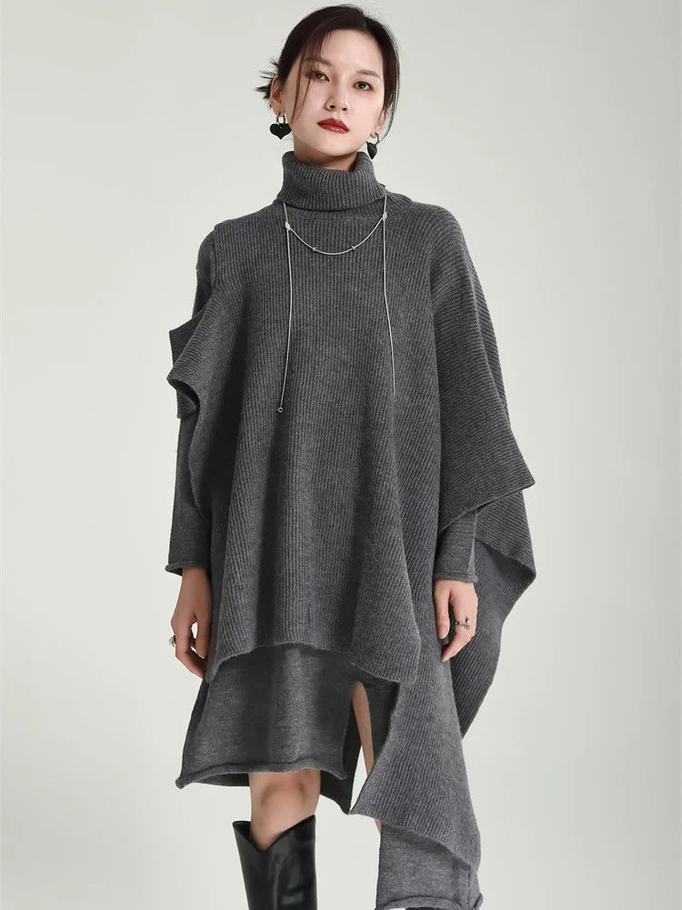 Women Gray Irregular Design Knitting Dress New Turtleneck Long Sleeve Loose Fit Fashion Tide Spring Autumn 2025 1DF2618