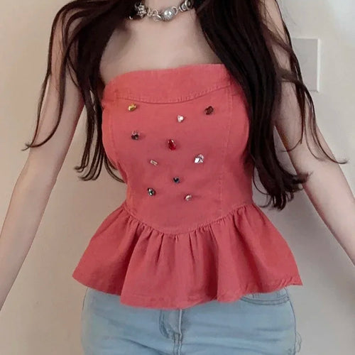 Load image into Gallery viewer, Pure Color Strapless Sexy Denim Women&#39;s Camis Pleated Sleeveless Slim Elegant Fashion Female Camis Summer High Street
