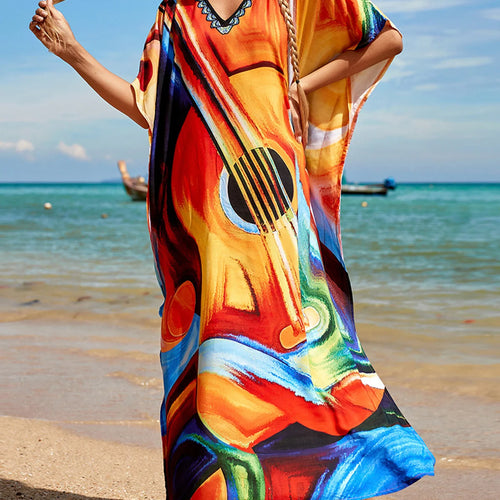 Load image into Gallery viewer, Colorful Kaftan Tunic Beach Cover Up Cover-ups Beach Dress Beach Wear Beachwear Loose Maxi Dress Female Women V4428
