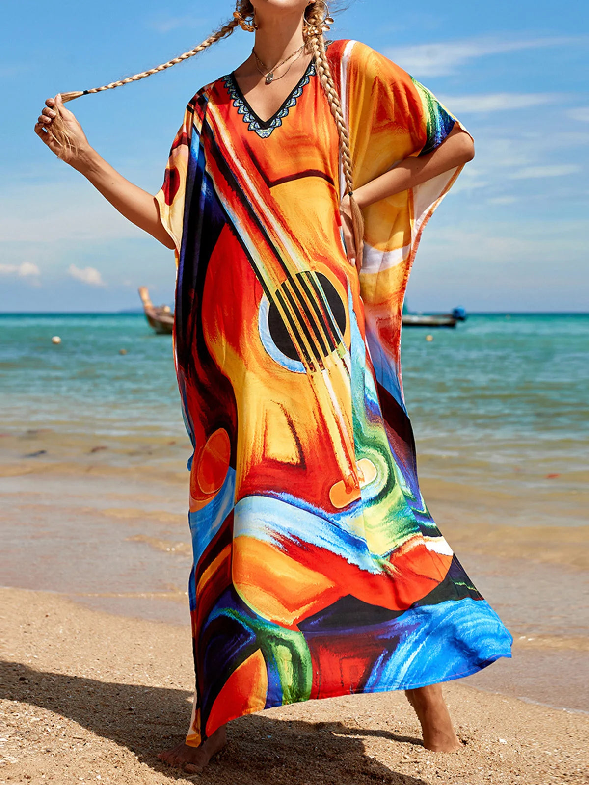 Colorful Kaftan Tunic Beach Cover Up Cover-ups Beach Dress Beach Wear Beachwear Loose Maxi Dress Female Women V4428