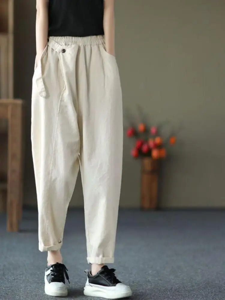 Korean Version Women Black Beige High Waist Versatile Pleated Pant Spring Summer Brown Loose Holiday Ankle-length Haren Trousers